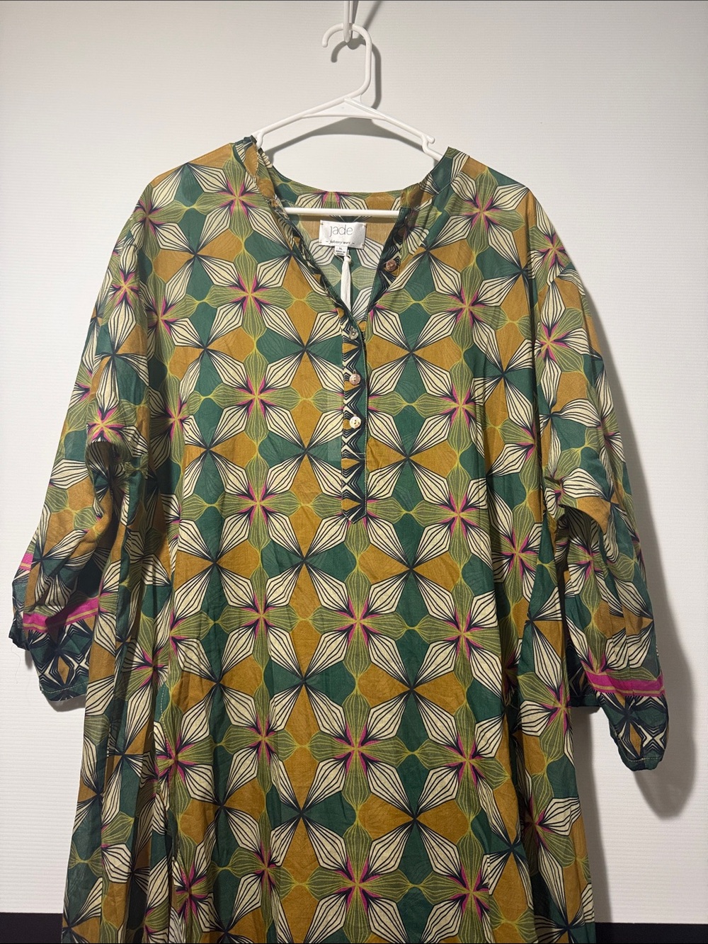 Jade Geometric Floral Tunic in Green, Mustard & Pink Accents